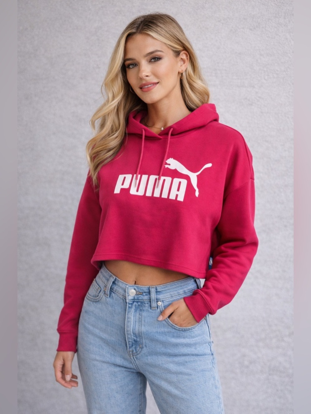 Puma Cropped Hoodie Red Pink Logo Pullover Sweatshirt Women’s L NWT - Picture 2 of 10